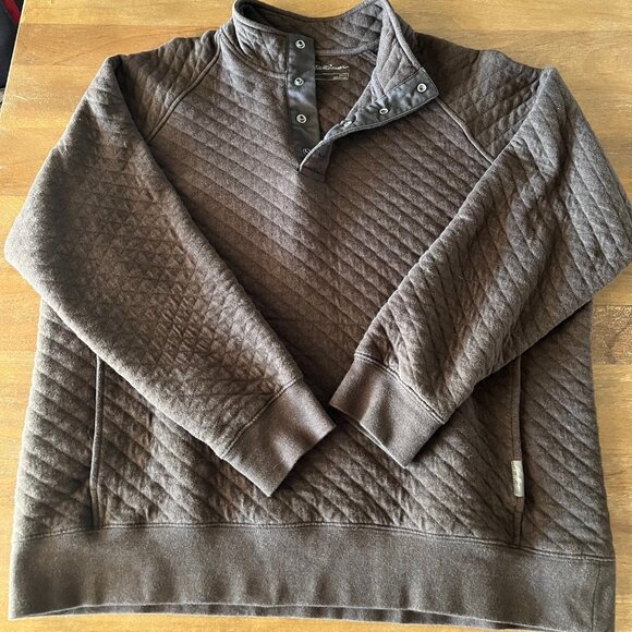 Eddie Bauer Sweatshirt Men's L Quilted 1/4 Snap Brown Kangaroo Pocket Cotton - Picture 1 of 7